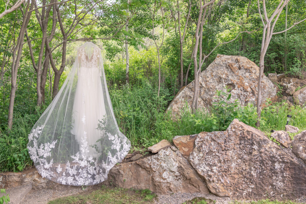 Kalispell Montana wedding venue with a dress and veil.